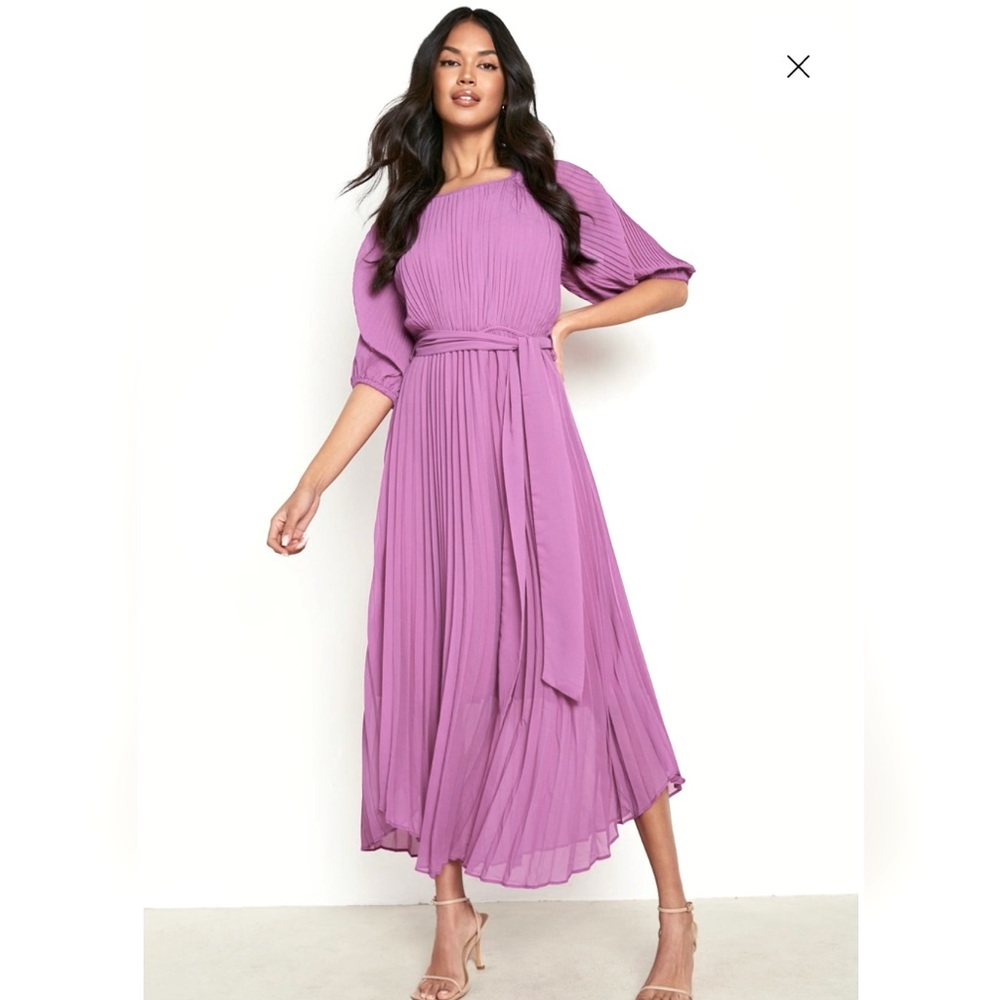 Boohoo Collection Chiffon PLEATED PUFF SLEEVE MIDI DRESS Waist Tie Hi-low Maxi
